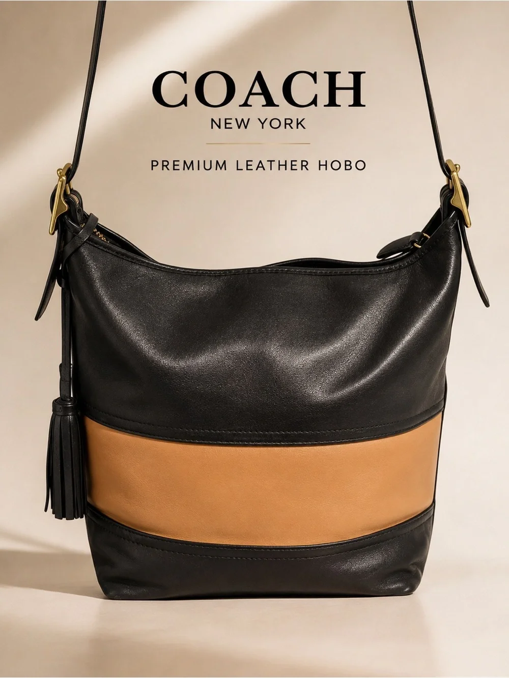 Coach Legacy Leather Colorblock Tassel Shoulder Crossbody Bag Black Tan Large